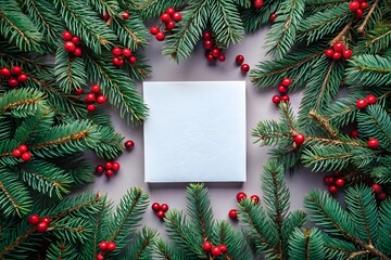 Obraz premium Festive christmas fir branches adorned with red berries frame a blank white card