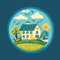 Naklejka premium The concept of green energy, environmental conservation, environmental problems and ecological construction. Planet Earth and Home, vector style simple color