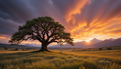 Obraz premium Golden Hour Tree: A majestic tree stands tall against a breathtaking golden hour sky, its sprawling branches reaching out over a field of wildflowers, under a backdrop of mountains.