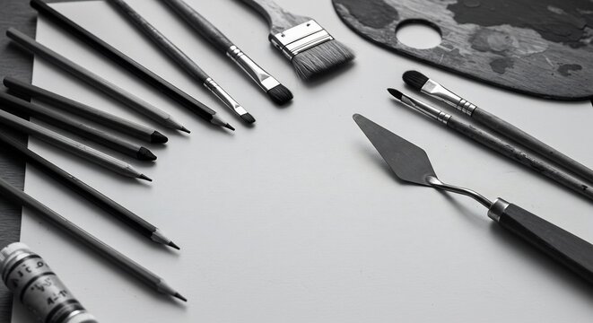 Monochrome Artist's Tools: Pencils, Brushes, Palette Knife on Paper, Artistic Still Life