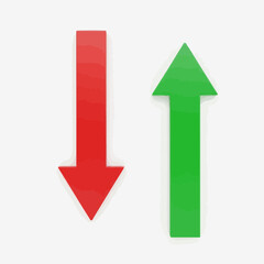 A red arrow pointing down and a green arrow pointing up represent contrasting trends, isolated on white background