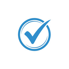 A blue check mark inside a blue circle, isolated on white background, signifies approval and successful validation
