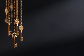 Golden Keys Hanging on Chains Against Dark Background