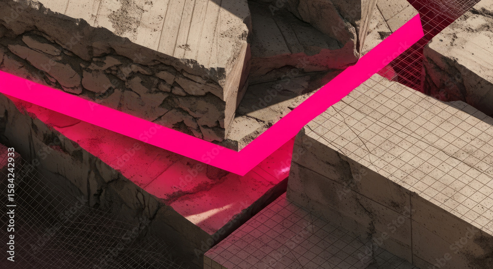Fototapete abstract view of concrete blocks with a bright pink geometric overlay, creating a modern and artisti