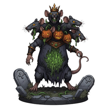 Monstrous Rat Figure with Jack-O'-Lantern Heads and Crown on Transparent Background
