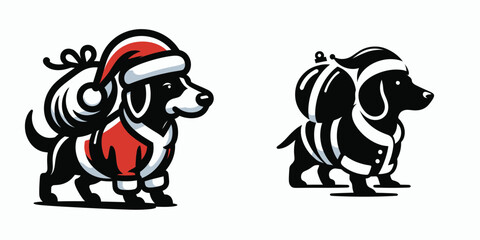 Fototapeta premium Dachshund Dog wear santa Claus Costumes Carrying a Large Object. Christmas Holiday Clipart Line Art Vector Illustration Xmas. Wiener animal in garb lugging huge item xmas canine dressed up.