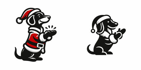 Dachshund Dog wear santa Claus Costumes Clapping Hands. Christmas Holiday Clipart Line Art Vector Illustration Xmas. Wiener attire suit cheering canine apparel.
