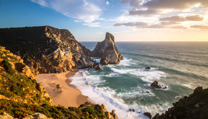Coastal Sunset Landscape Dramatic Ocean Waves Crashing Against Rocky Shore