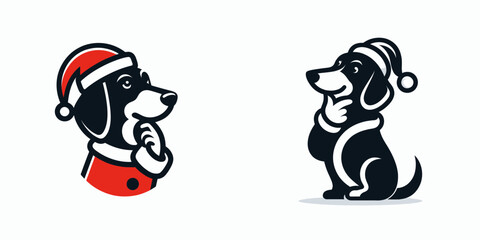 Dachshund Dog wear santa Claus Costumes Tapping Chin (Thinking). Christmas Holiday Clipart Line Art Vector Illustration Xmas. .