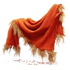 Ripped carpet and linen section concept. Cozy orange blanket with fringes for stylish home decor.