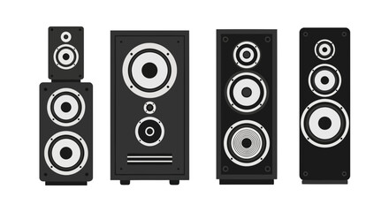 A collection of four black and white speakers isolated on white background, representing audio equipment and sound systems