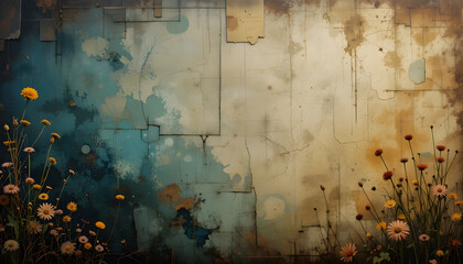 Distressed Wall With Daisies: Daisies bloom against a aged, weathered wall, painted with shades of green and brown, in a digitally rendered image.