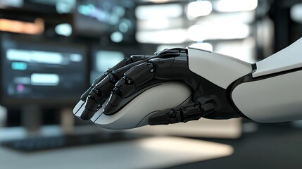 Robotic hand operating a computer mouse.