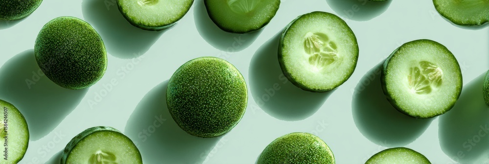 Poster cucumber slices and whole cucumbers floating gently in soft shadows on a pale green background for a