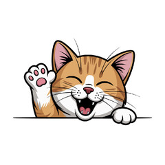 Obraz premium Friendly cartoon ginger cat waving hello with a big smile isolated on white background