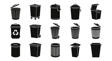 Fototapeta premium A collection of various black and white trash cans and bins, isolated on white background
