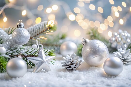 Sparkling silver christmas ornaments and pinecones adorn a snowy branch with festive bokeh lights