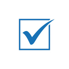 A blue check mark is inside a blue square isolated on white background