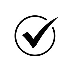 A black check mark is enclosed in a black circle, isolated on white background, signifying a confirmed choice