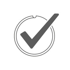 A gray check mark inside a circle signifies approval and validation, isolated on white background