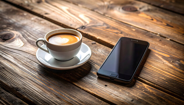 Espresso Coffee Cup and Smartphone on Rustic Wooden Table