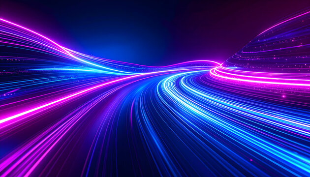 Abstract Speed Light Trails, Pink and Blue Neon Glowing Lines on Dark Background