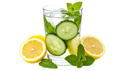Glass of detox water with lemon, cucumber, mint, and ice cubes, isolated on white.