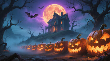 Fototapeta premium A hauntingly Halloween scene under a vibrant, glowing full moon that casts an eerie purple and orange hue across the night sky. Halloween, Halloween Costumes, Halloween Background, Happy Halloween