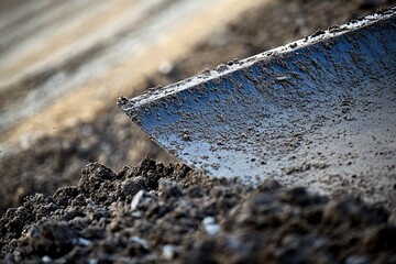 Close-up shot of a tractor shovel covered in soil displaying agricultural machinery