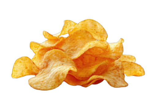 A mound of wavy, golden-brown potato chips, showcasing their texture and slight translucency against a black background