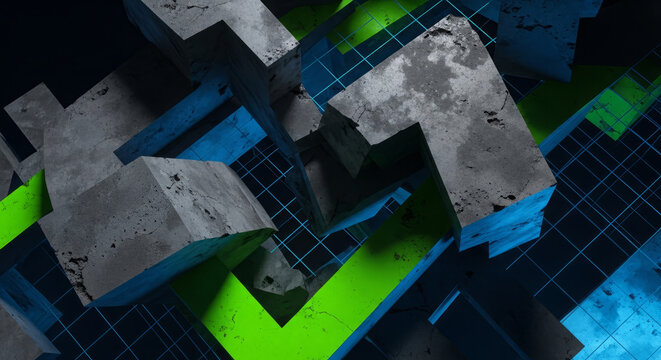 Abstract 3D composition featuring concrete-like geometric shapes and green arrows. - Powered by Adobe