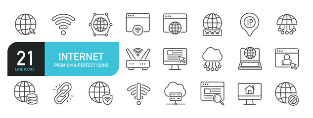 Set of line icons related to internet, network, communication. Outline icons collection. Editable stroke. Vector illustration