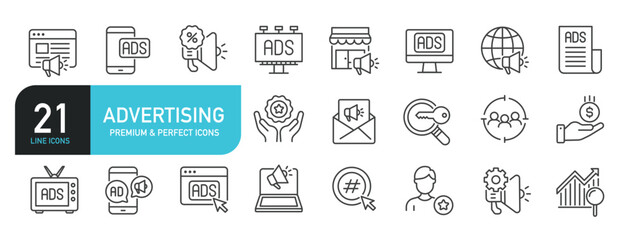 Set of line icons related to advertising, adsense, marketing. Outline icons collection. Editable stroke. Vector illustration