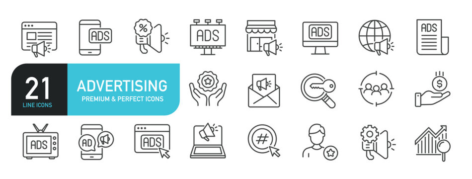 Set of line icons related to advertising, adsense, marketing. Outline icons collection. Editable stroke. Vector illustration