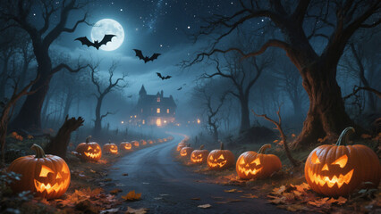 A hauntingly magical Halloween scene featuring a dark, forested path illuminated by glowing jack-o'-lanterns. Halloween, Halloween Costumes, Halloween Background, Happy Halloween