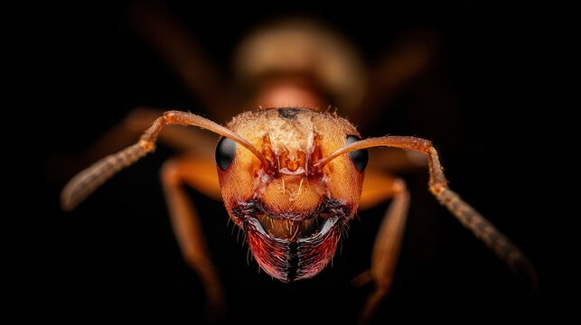 Close-up view of an ant's head.