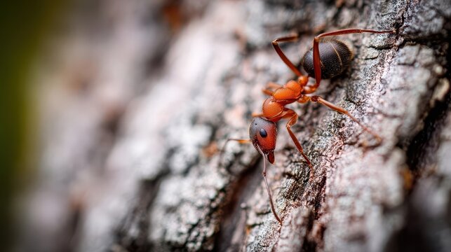 Close-up of a red ant on tree bark. - Powered by Adobe