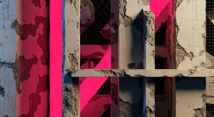 Abstract composition featuring architectural fragments with vibrant pink and camo elements.