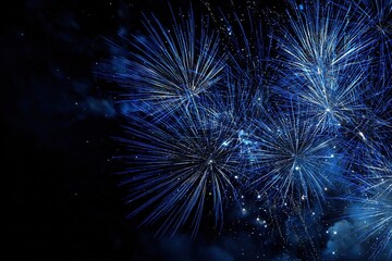 Fototapeta premium Colorful fireworks burst in the night sky, creating a vibrant display of blue and white lights against a dark background. The scene captures the excitement of celebrations.