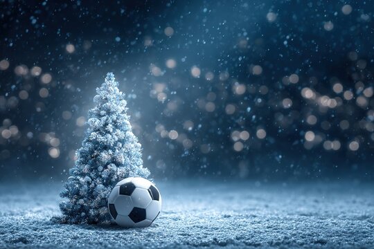 Fototapeta A snowy scene with a decorated Christmas tree and a black and white soccer ball on the ground. Soft blue lighting creates a festive atmosphere.