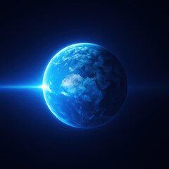 Fototapeta premium Digital illustration of planet Earth viewed from space, illuminated with a bright blue glow and sun flare on the horizon