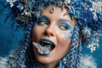 A young Caucasian woman with blue makeup and braided hair holds a butterfly in her mouth. She wears a blue and white floral headdress against a blue background.