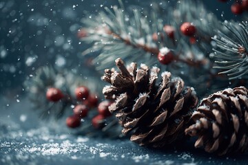Pine cones and red berries on a snowy surface. Evergreen branches surround the scene, creating a winter atmosphere with falling snowflakes.