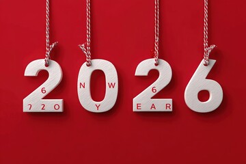 White numbers 2026 hanging on red background. Represents New Year celebration and countdown to the upcoming year.