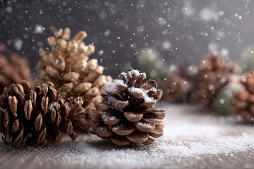 Pine cones covered in snow with a soft snowfall in the background. The scene evokes a winter atmosphere, perfect for seasonal themes.