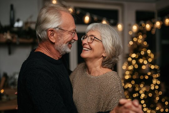A senior Caucasian couple dances joyfully in a cozy room decorated for the holidays. A Christmas tree with lights is visible in the background.