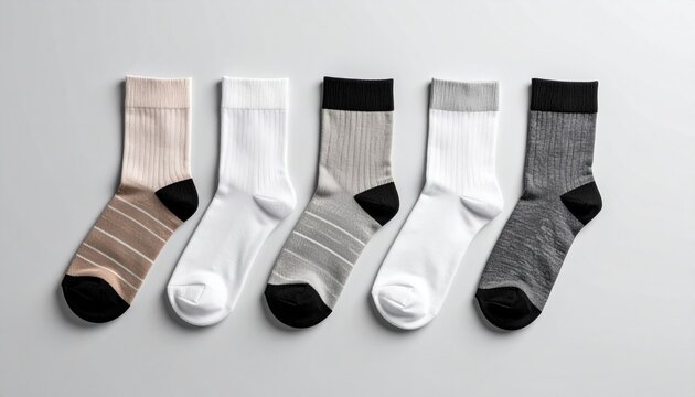 Five assorted socks displayed neatly, showcasing different colors and patterns, arranged on a light gray surface. - Powered by Adobe