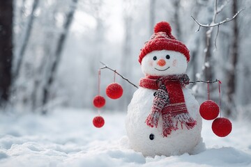 A snowman with a red hat and scarf stands in a snowy forest. Red ornaments hang from its stick arms. The background features snow-covered trees.