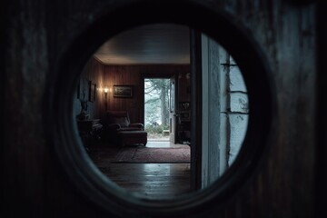 A view through a circular opening into a cozy cabin. The interior features wooden walls, a rug, and a door leading to a forested area outside.
