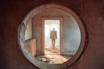 A man walks through a doorway in an abandoned room. Dust and debris are scattered on the floor. Light filters in, creating a mysterious atmosphere.